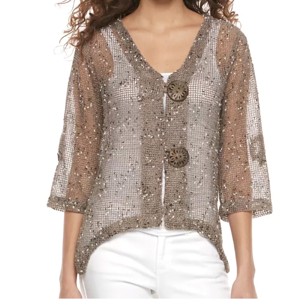Nina Leonard Button Knit Stylish Brown Knit Cardigan  Large Buttons XL